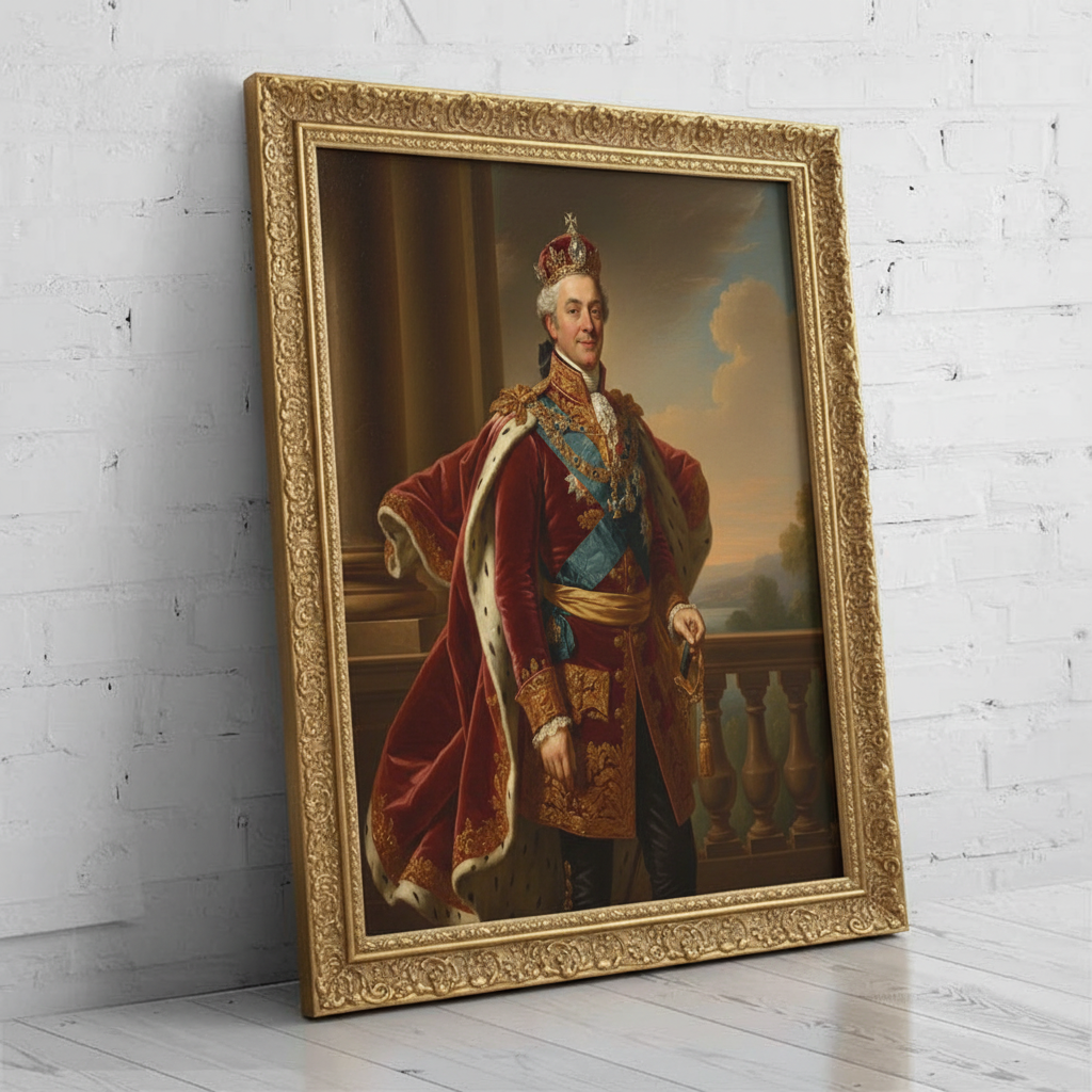 A custom portrait of a man in a gold-embroidered royal uniform, depicting him as Sacred General of royal heritage.