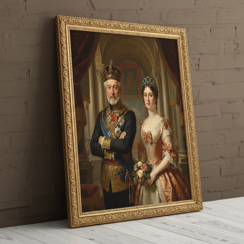 A digitally rendered portrait of a woman dressed in an elegant, regal gown and crown, created as Sacred Sovereign Duo using AI technology.