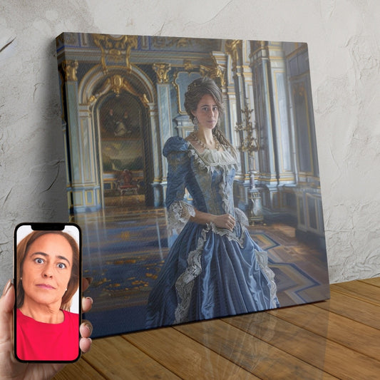 A beautiful custom portrait of a woman in a stunning sapphire blue gown with lace details, created using advanced AI technology.