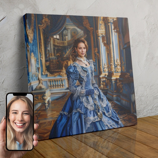 A digitally rendered portrait of a woman dressed in a blue silk gown, adorned with delicate lace details, depicting a "Sapphire Princess" character.