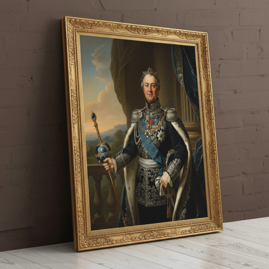 A custom portrait of a man in a gold-embroidered royal uniform, depicting him as Sapphire Baron of royal heritage.