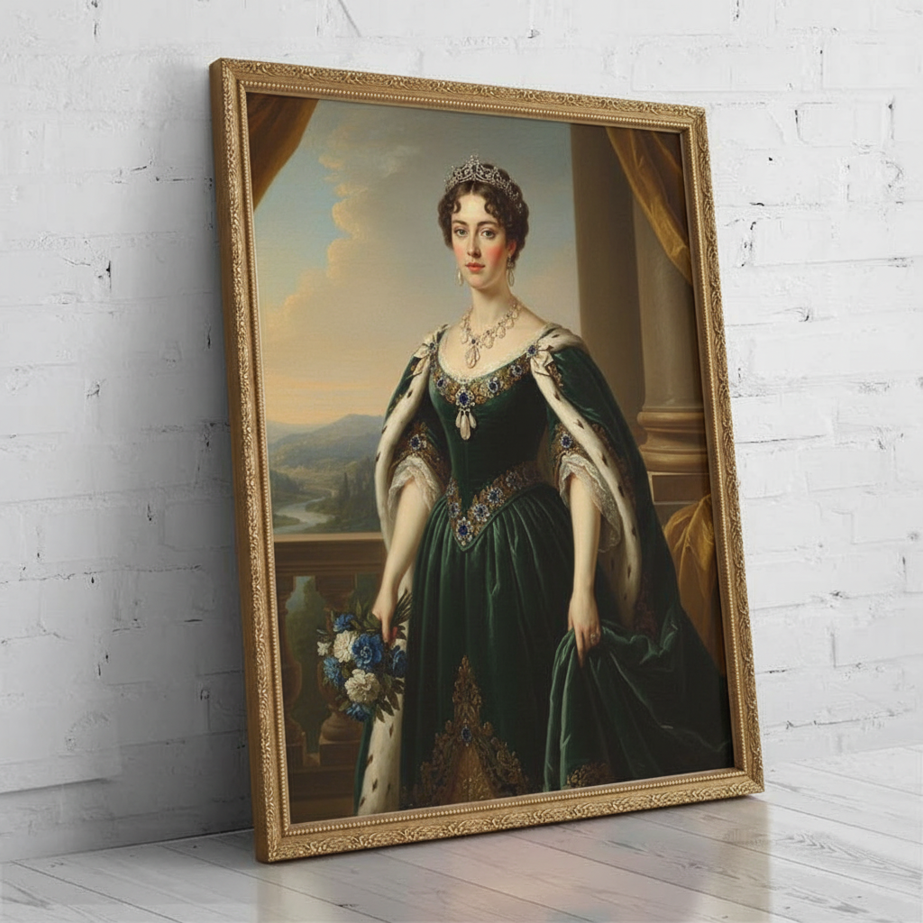 A digitally rendered portrait of a woman dressed in an elegant, regal gown and crown, created as Sapphire Leader using AI technology.