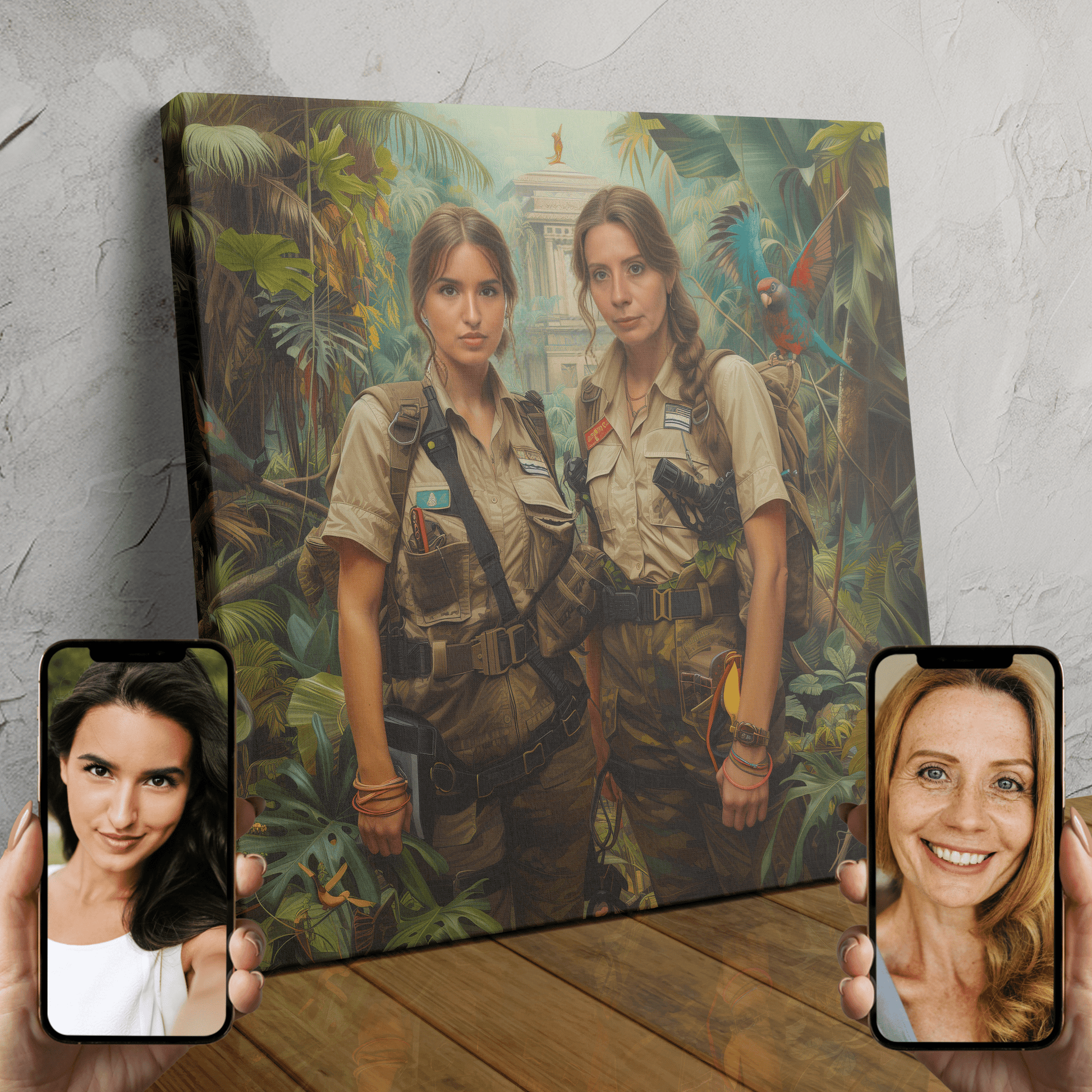 Two people depicted as adventurous explorers in a custom digital portrait.