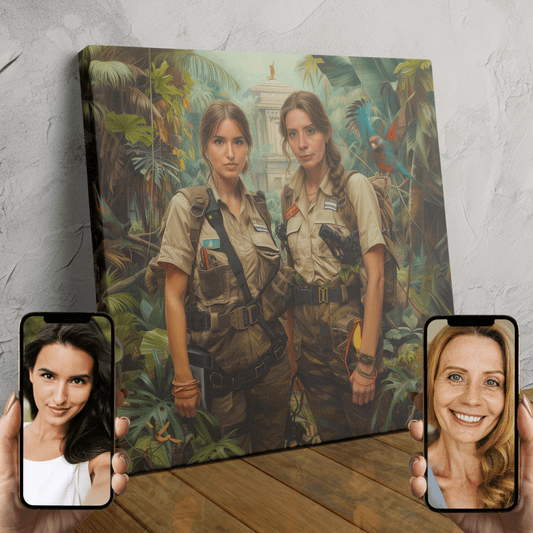 Two people depicted as adventurous explorers in a custom digital portrait.