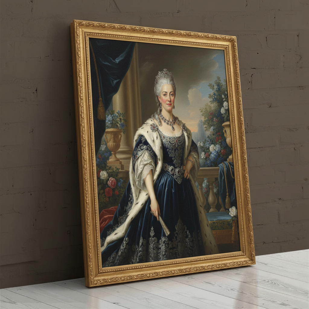A digitally rendered portrait of a woman dressed in an elegant, regal gown and crown, created as Silver Marshal using AI technology.