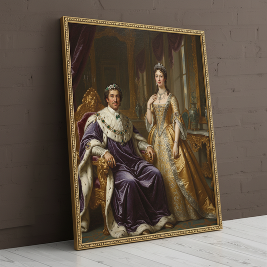A custom digital portrait of a couple dressed in ornate royal attire, posing as Silver Royal Couple in a regal, majestic setting.