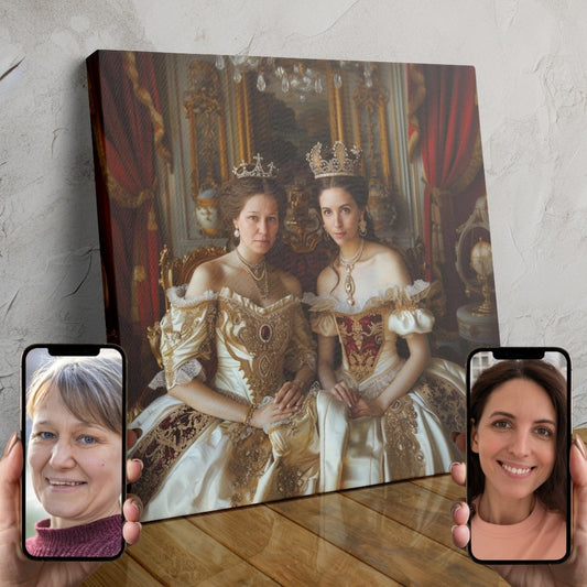 Two women dressed in ornate royal gowns and crowns, posing together in a regal portrait.