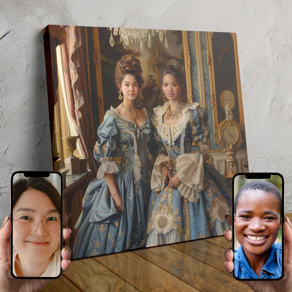 Two people dressed in matching sky-blue baroque outfits posing together in an opulent palace setting, created using AI technology.