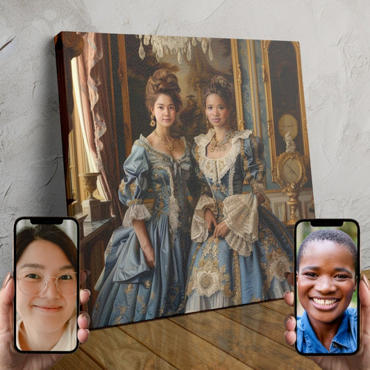 Two people dressed in matching sky-blue baroque outfits posing together in an opulent palace setting, created using AI technology.