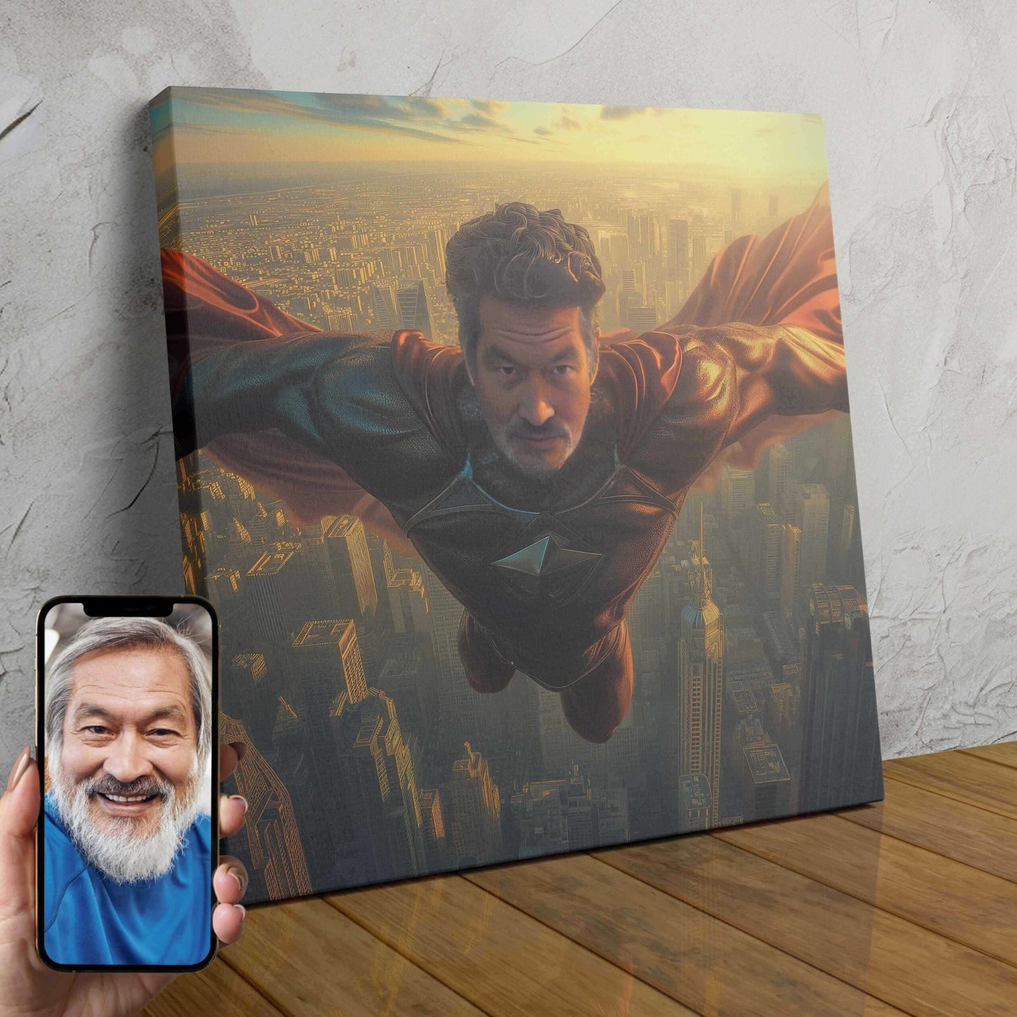 A personalized superhero portrait of a person soaring above a city skyline in a heroic pose, wearing a cape and mask.