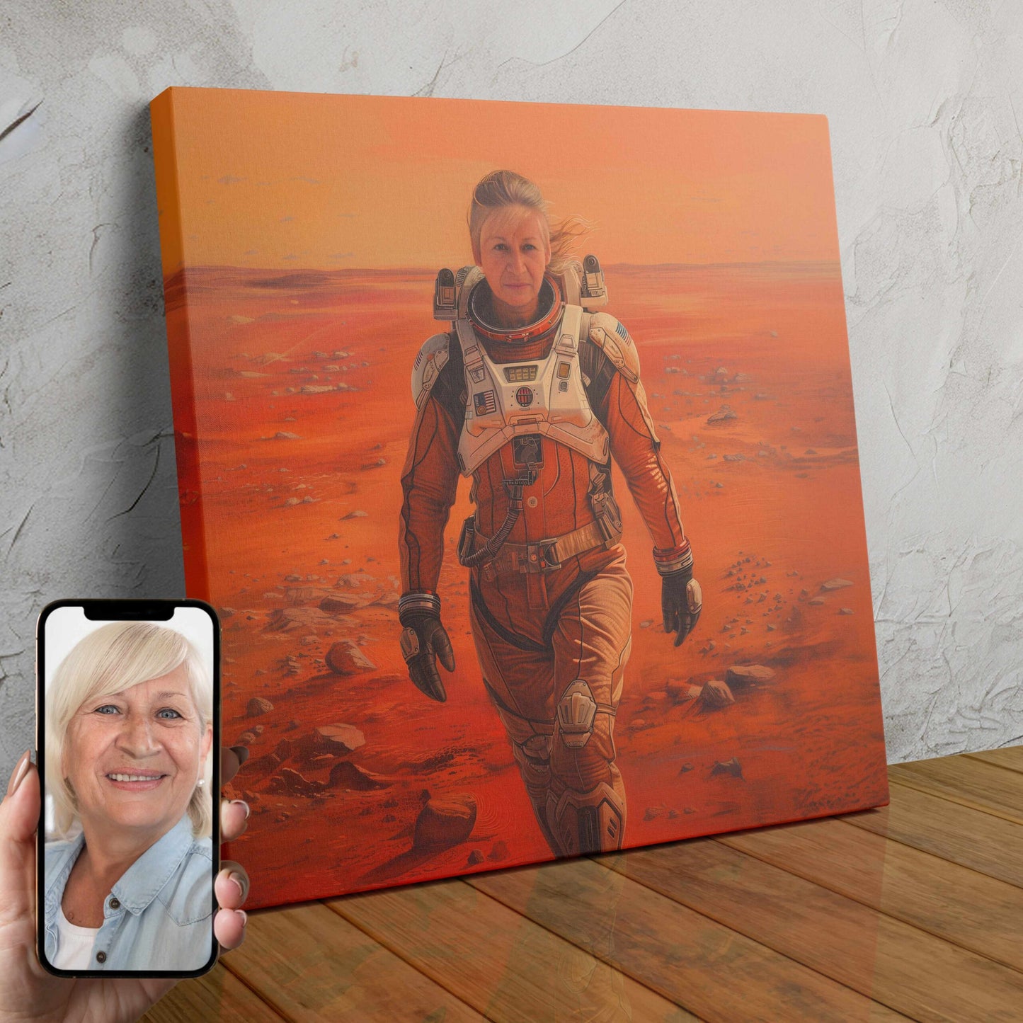A custom digital portrait of a woman in an astronaut suit, standing on the surface of Mars with the planet's landscape in the background.