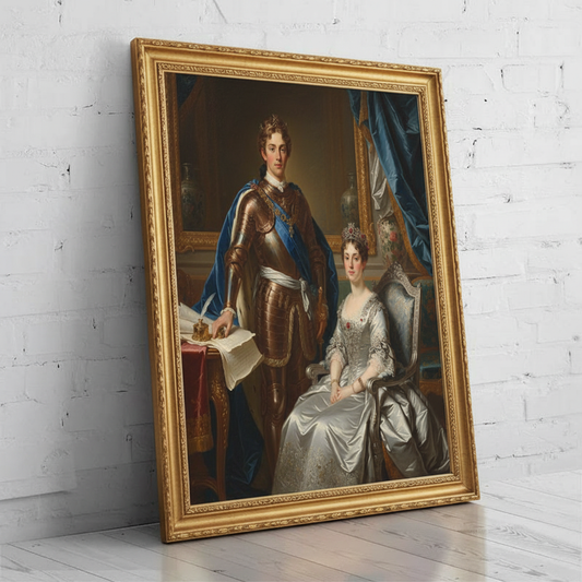A custom digital portrait of a couple dressed in ornate royal attire, posing as Splendid Divine Partnership in a regal, majestic setting.