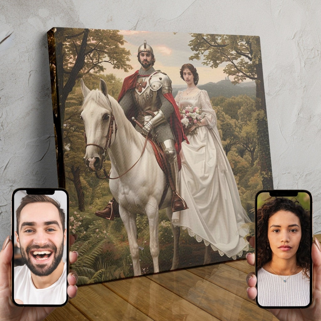 A custom digital illustration of a medieval prince and princess in shining armor, posing together in a regal, romantic pose.