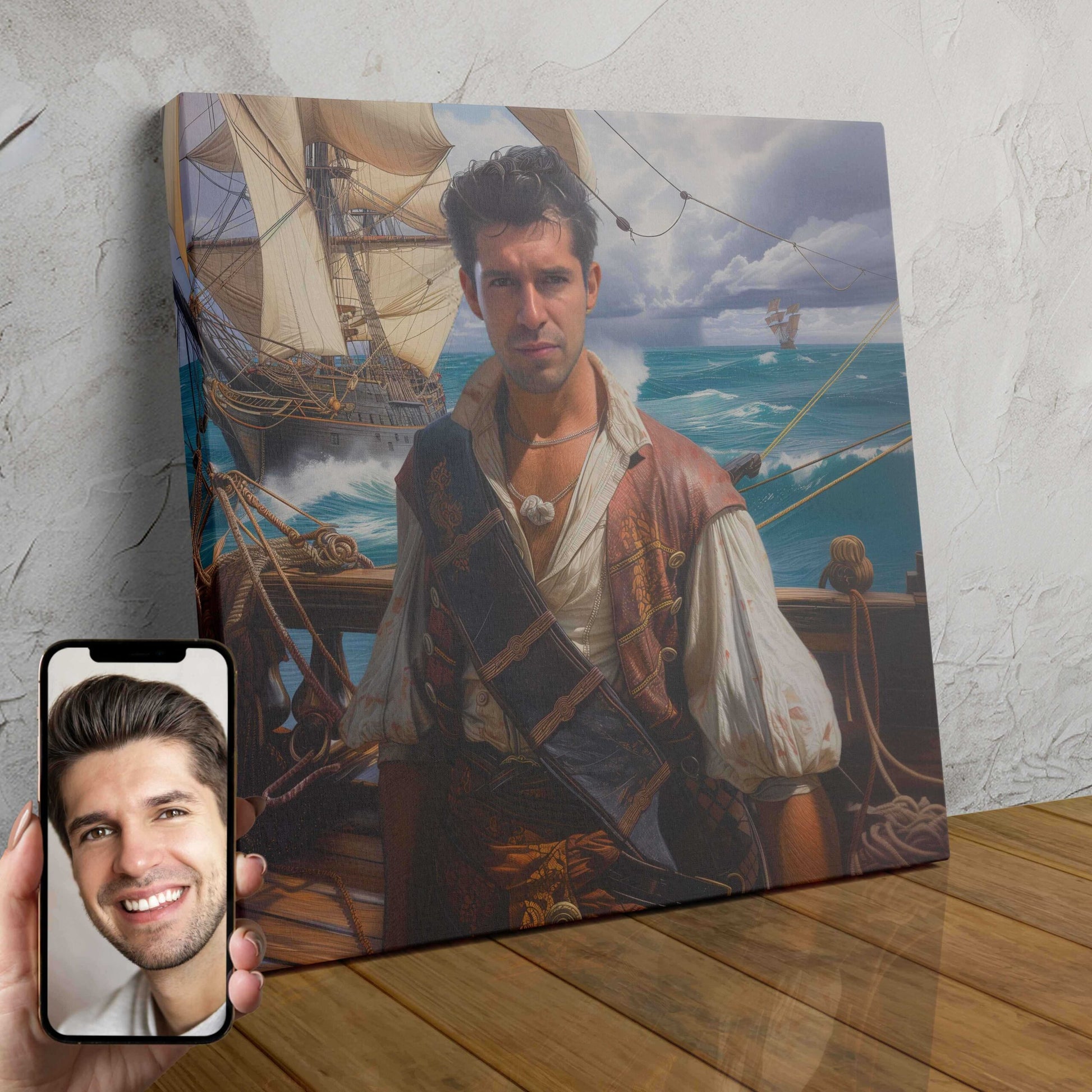A custom portrait of a person transformed into a pirate character with an eye patch and a stormy, dramatic background.