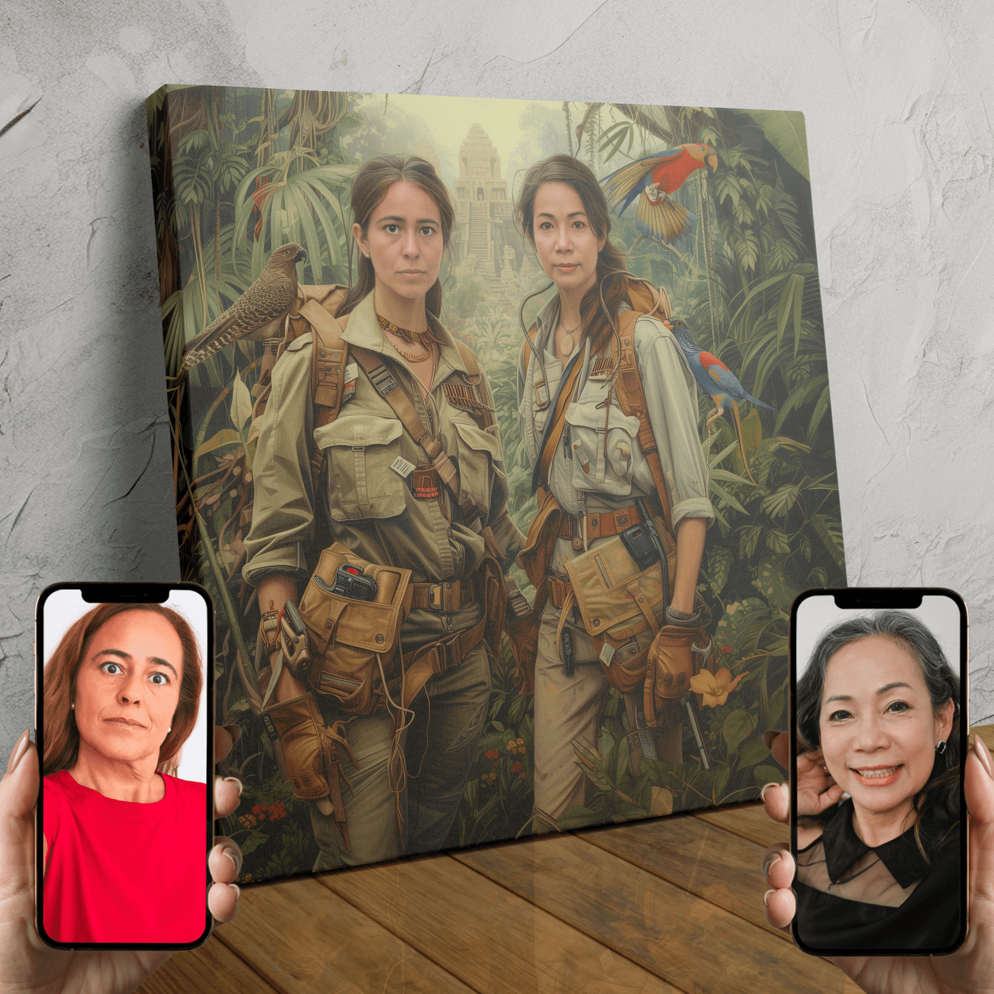 A custom digital portrait of two people dressed as explorers, exploring an ancient temple together.