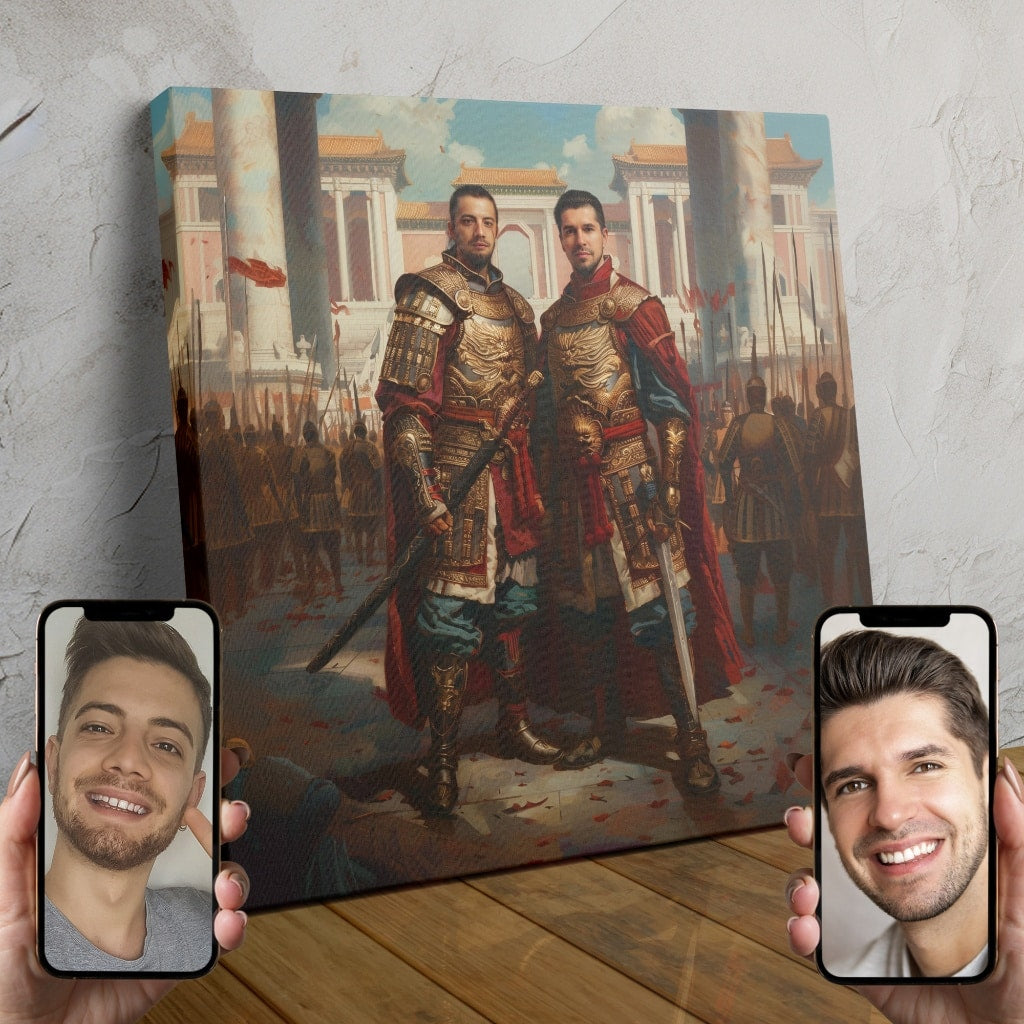 Two people dressed as samurai warriors in a custom digital portrait, with traditional Japanese elements and a royal theme.