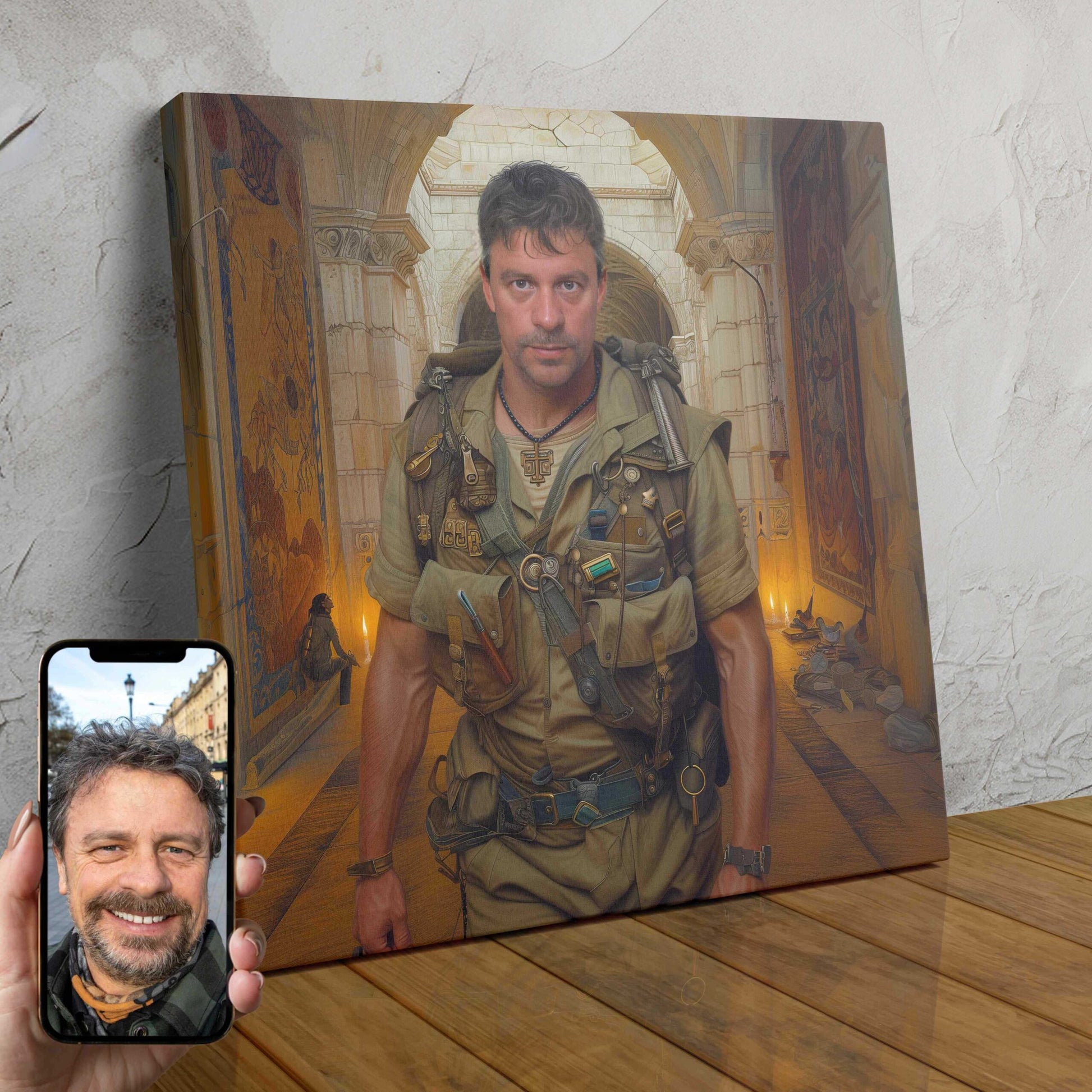 A custom portrait of a man transformed into an intrepid explorer, equipped with rugged expedition gear and navigating an ancient temple environment.