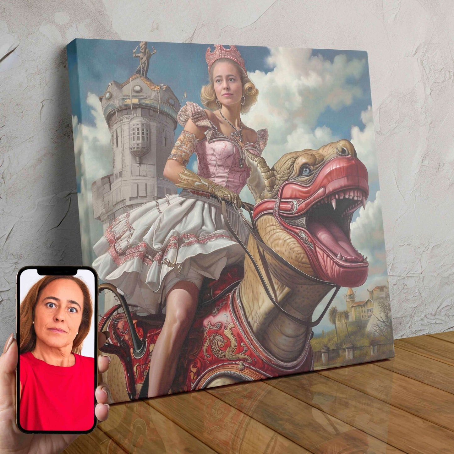 A custom portrait of a woman dressed as a duchess, riding atop a fierce T-Rex in a fantastical castle setting.