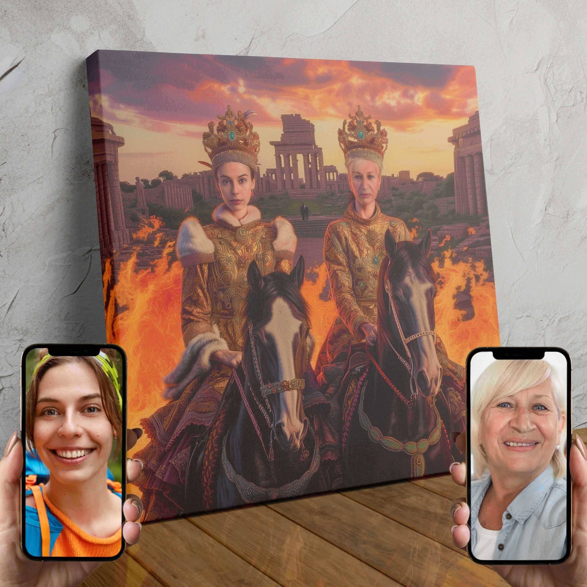 Two people depicted as a royal couple in a custom AI-generated portrait, wearing ornate crowns and regal attire.