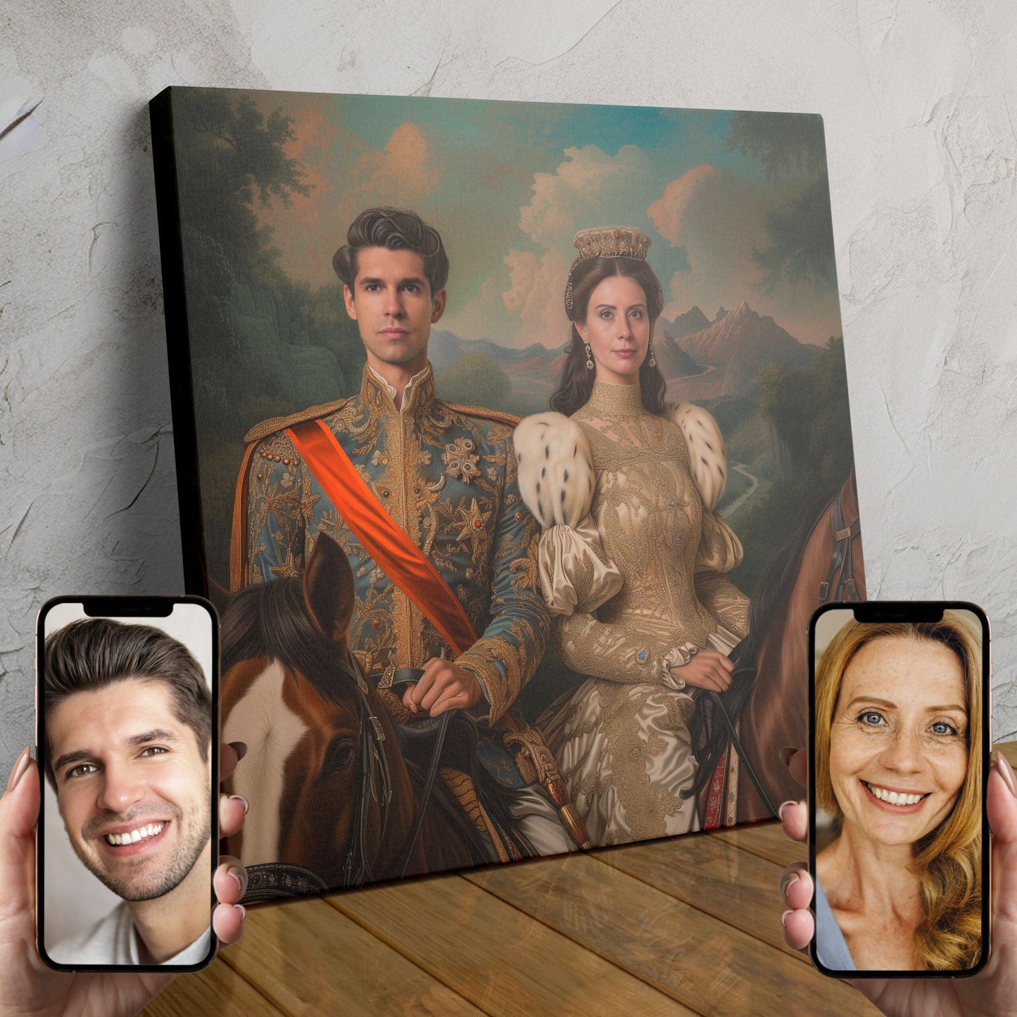 Two people depicted as a prince and princess in an enchanting mountainous landscape.