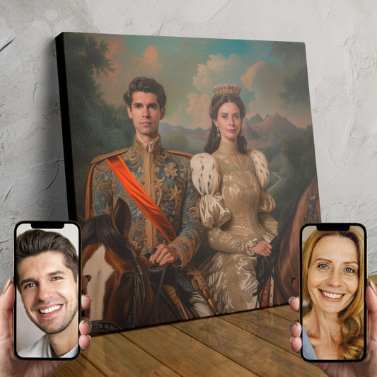 Two people depicted as a prince and princess in an enchanting mountainous landscape.