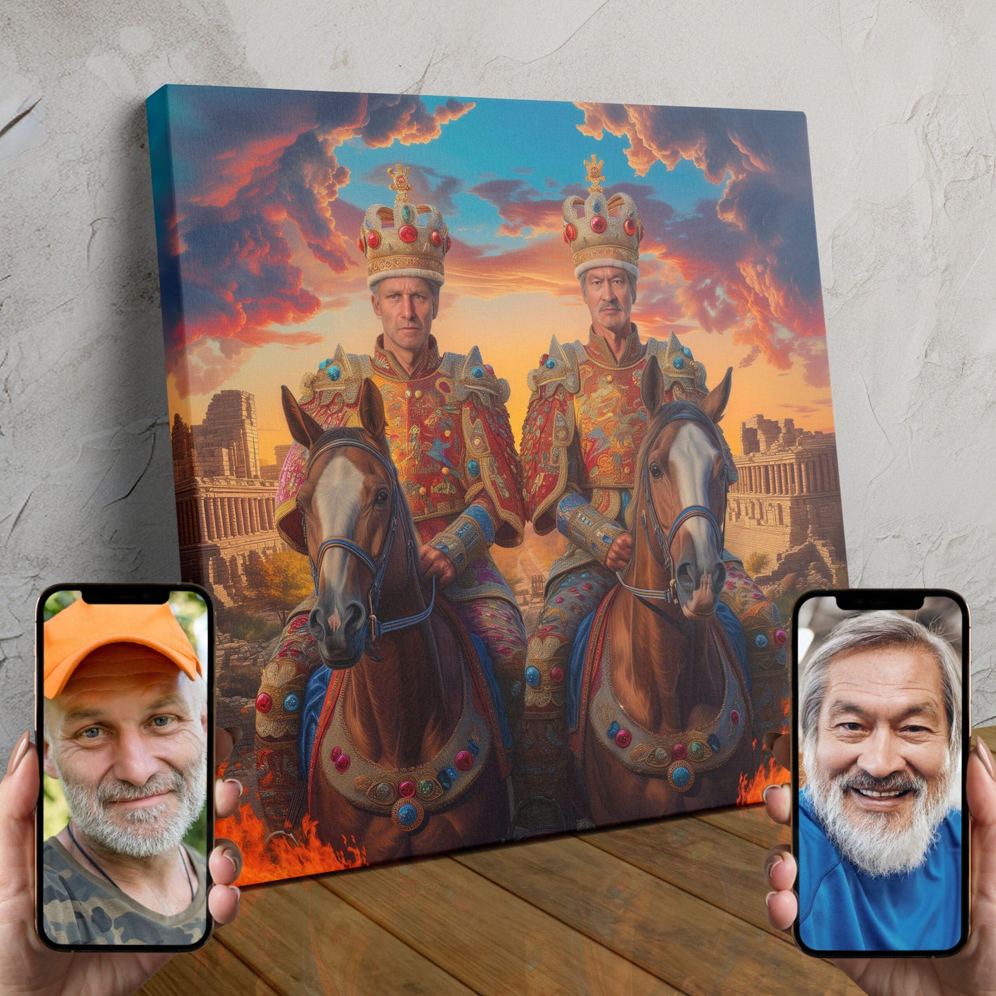 Two people depicted as powerful royal figures in a custom portrait, with flames in the background.