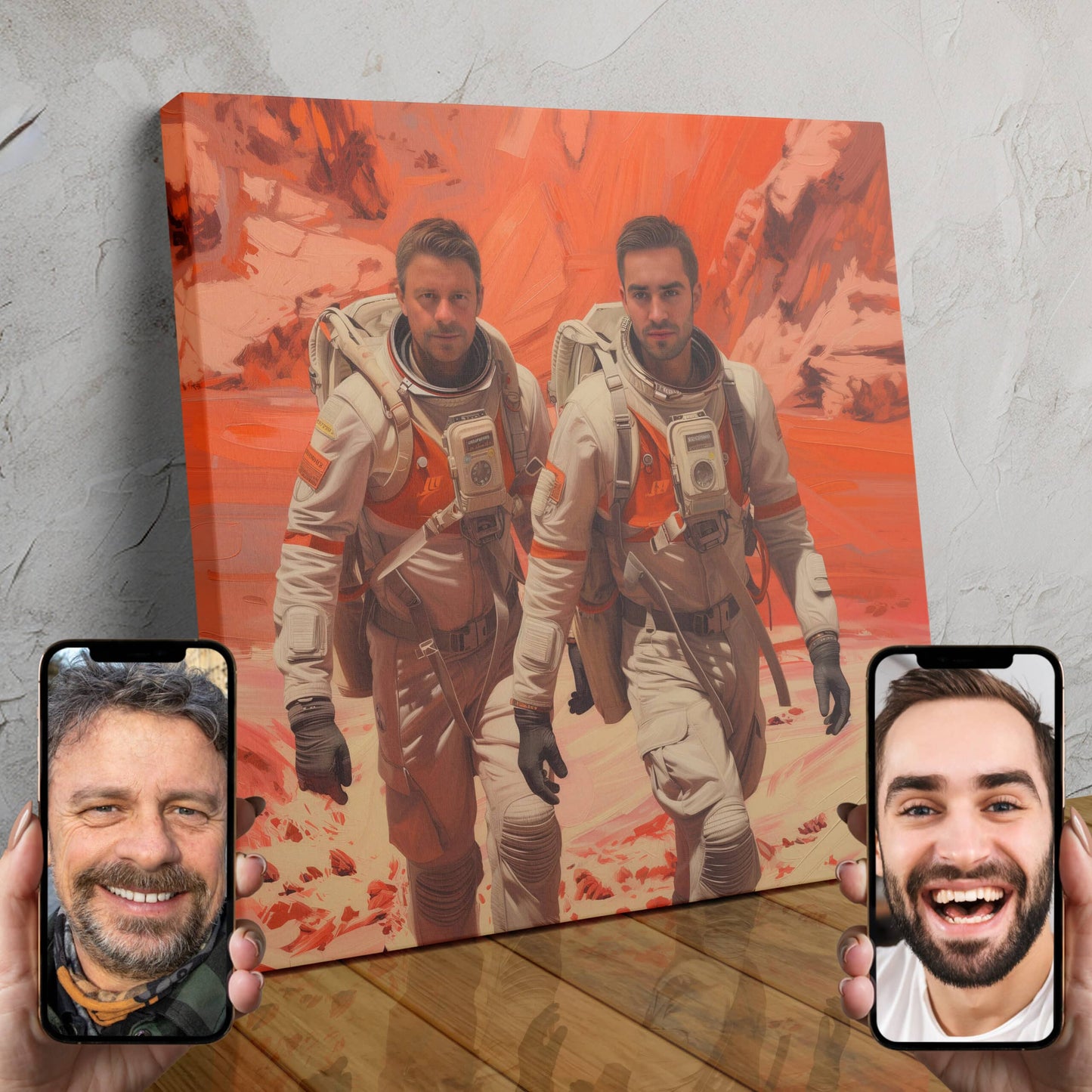 A custom portrait of a couple dressed as astronauts, floating in a cosmic scene with planets and stars in the background.