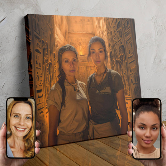 Two people depicted as intrepid explorers in a custom portrait with hieroglyphic-inspired art style.