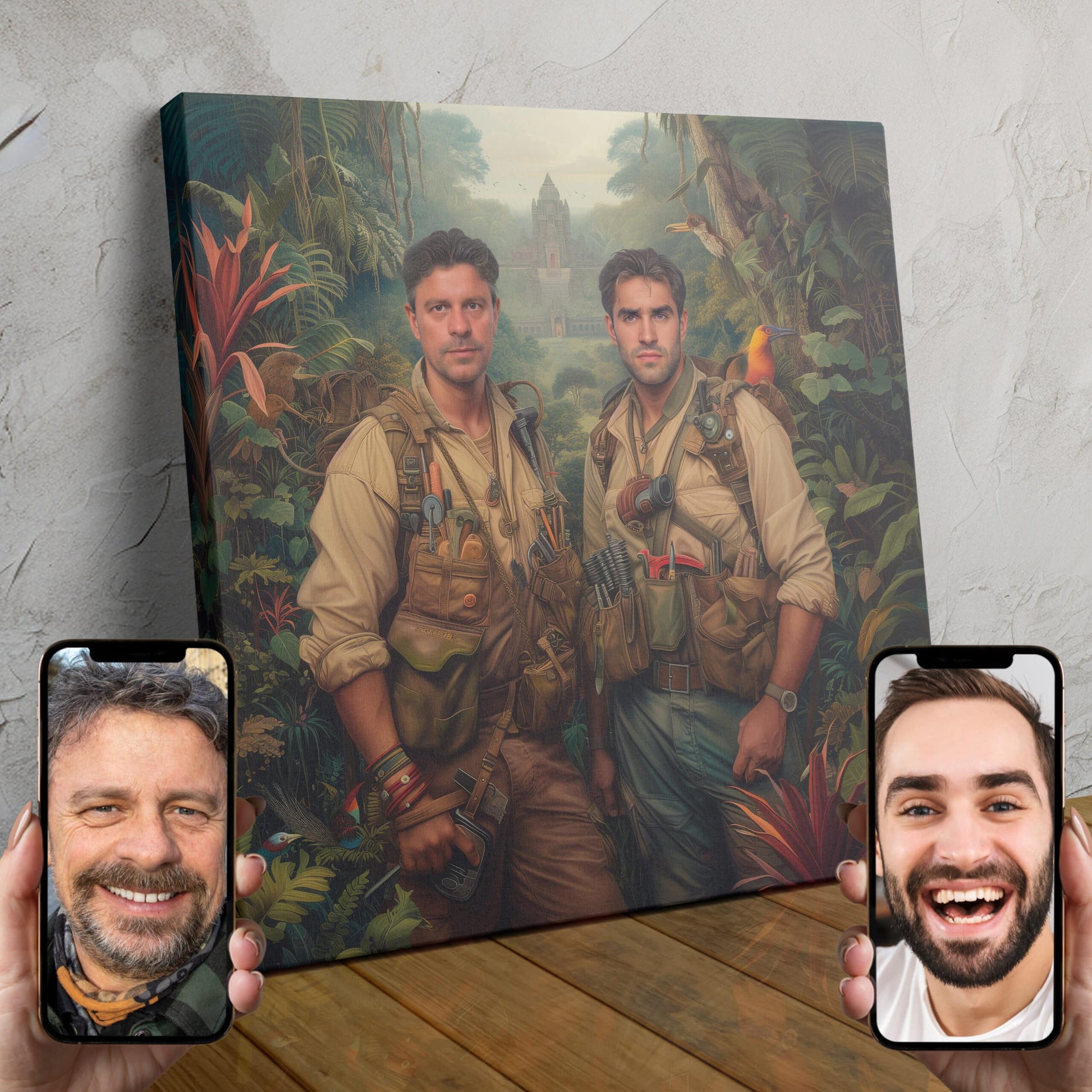 Two people dressed as explorers standing in a lush, jungle-like setting, ready to uncover ancient mysteries.