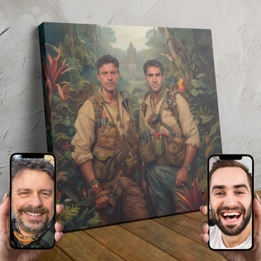 Two people dressed as explorers standing in a lush, jungle-like setting, ready to uncover ancient mysteries.