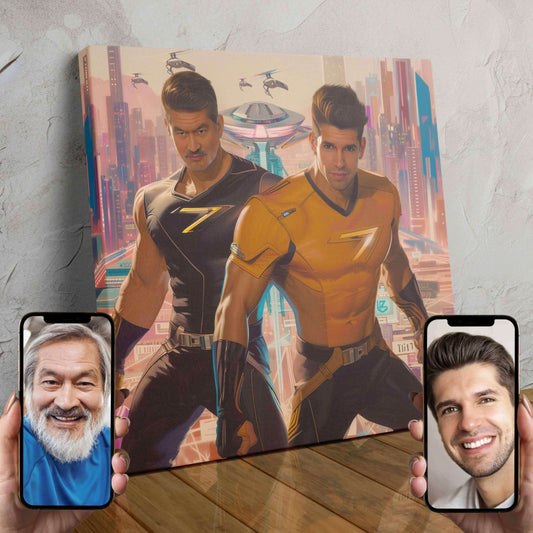 Two people depicted as superheroes in an urban setting, with a cityscape in the background.