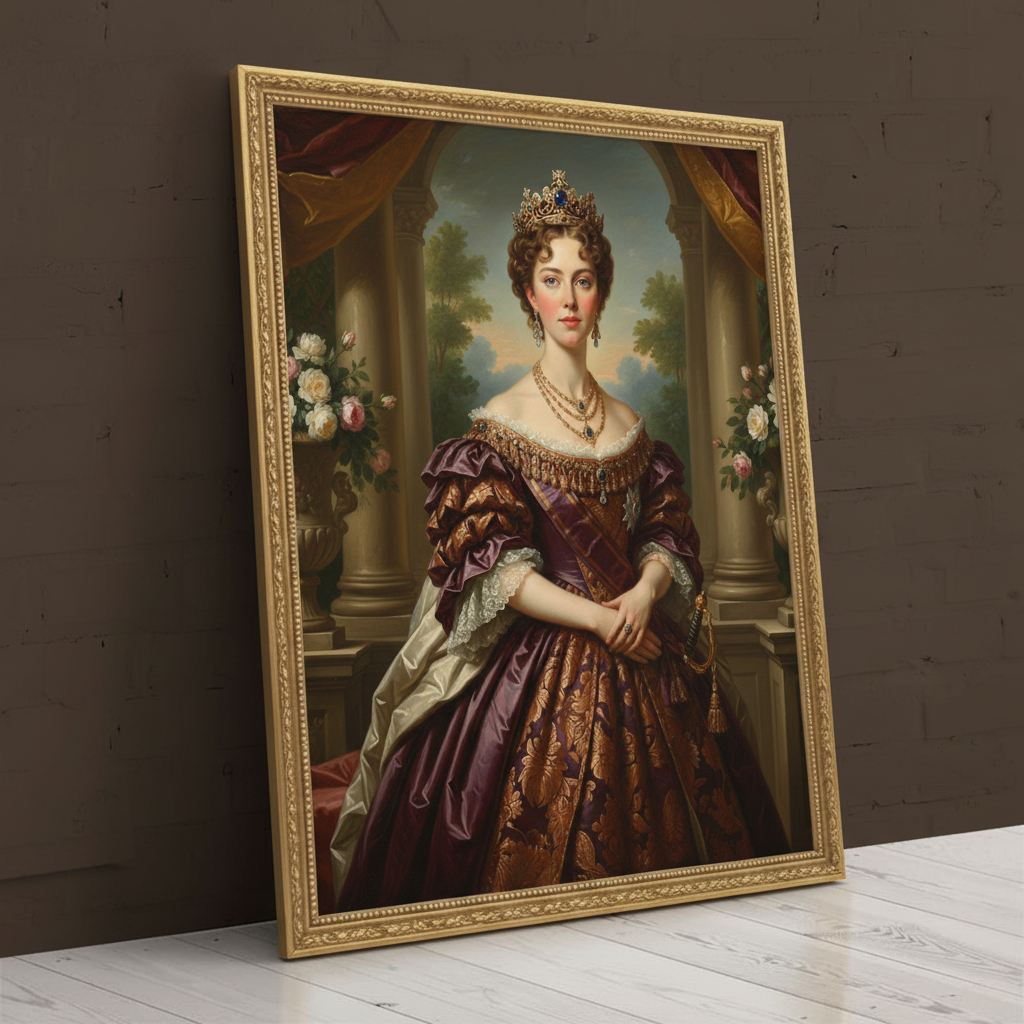 A digitally rendered portrait of a woman dressed in an elegant, regal gown and crown, created as Valiant Admiral using AI technology.