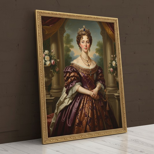 A digitally rendered portrait of a woman dressed in an elegant, regal gown and crown, created as Valiant Admiral using AI technology.