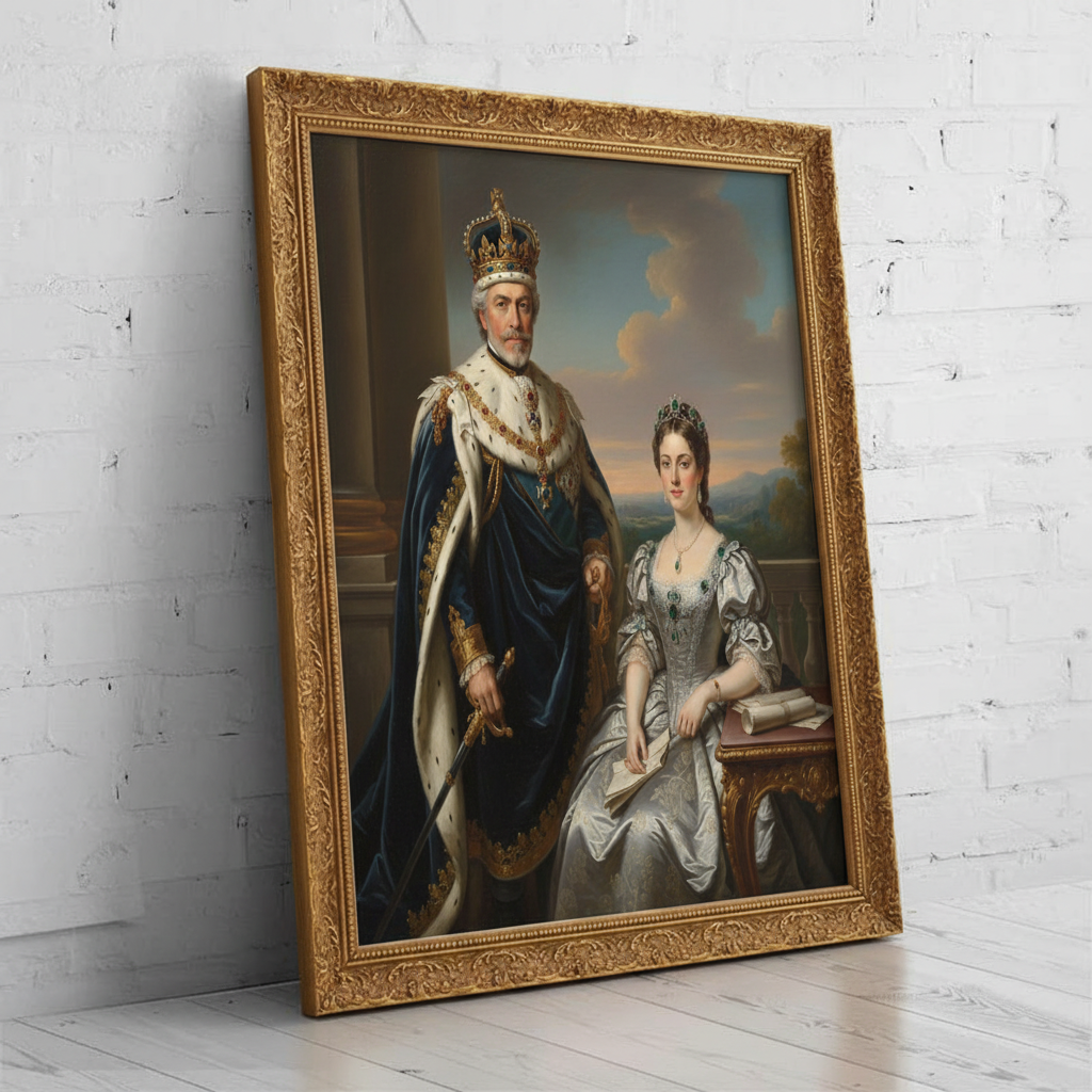 A custom portrait of a man in a gold-embroidered royal uniform, depicting him as Valiant Majestic Duo of royal heritage.