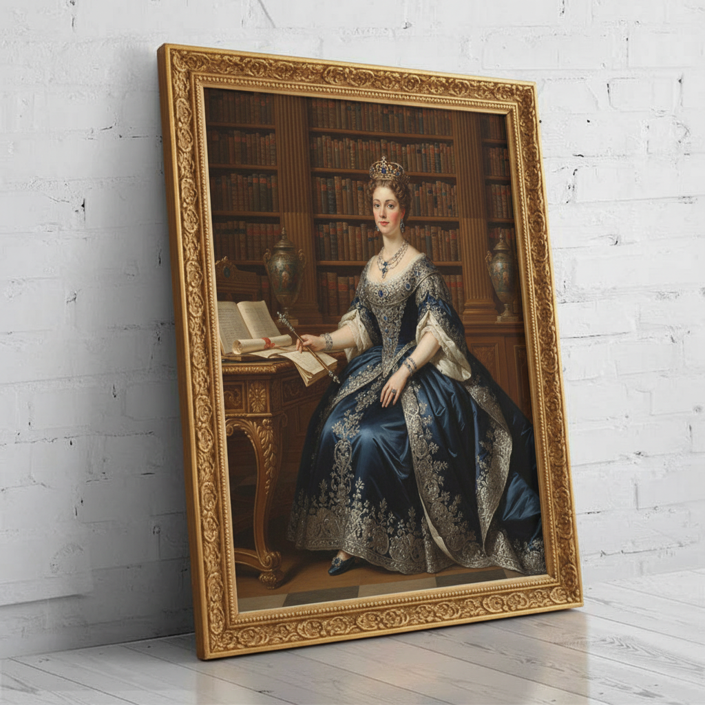 A digitally rendered portrait of a woman dressed in an elegant, regal gown and crown, created as Valiant Princess using AI technology.