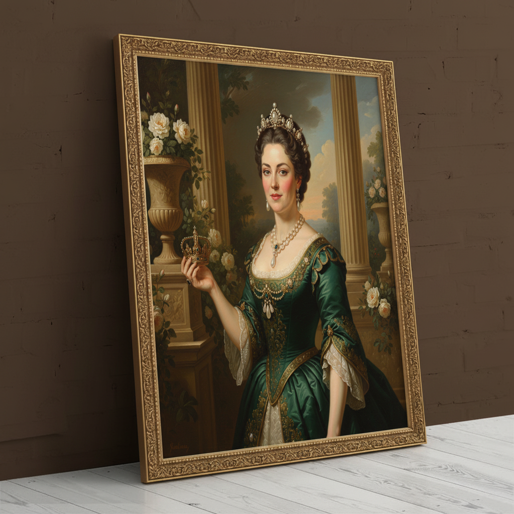 A digitally rendered portrait of a woman dressed in an elegant, regal gown and crown, created as Valiant Protector using AI technology.