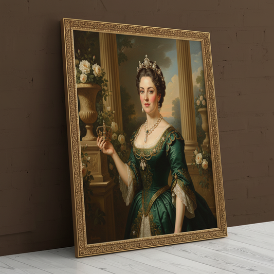 A digitally rendered portrait of a woman dressed in an elegant, regal gown and crown, created as Valiant Protector using AI technology.