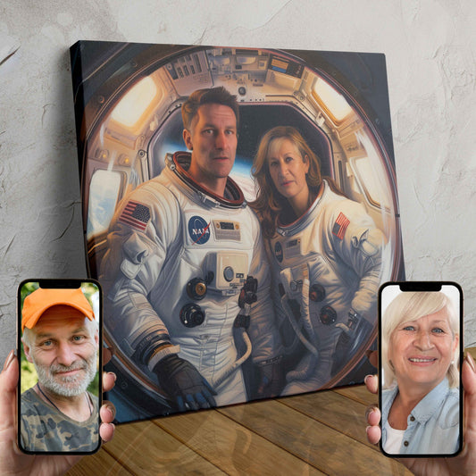 A custom digital portrait of two people dressed as astronauts floating in space against a starry background.