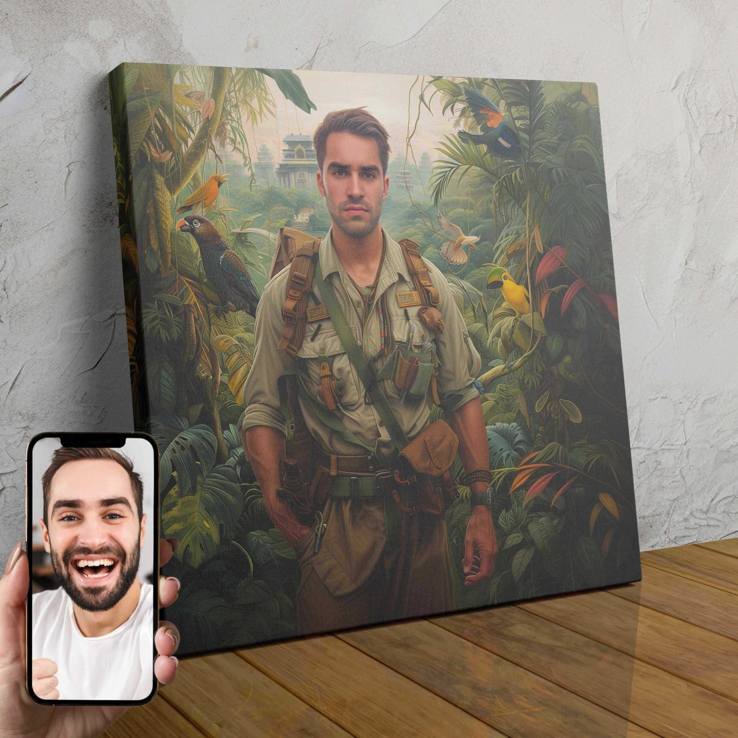 A custom digital portrait of a person transformed into an intrepid explorer, surrounded by a lush, tropical paradise with exotic birds and vibrant foliage.