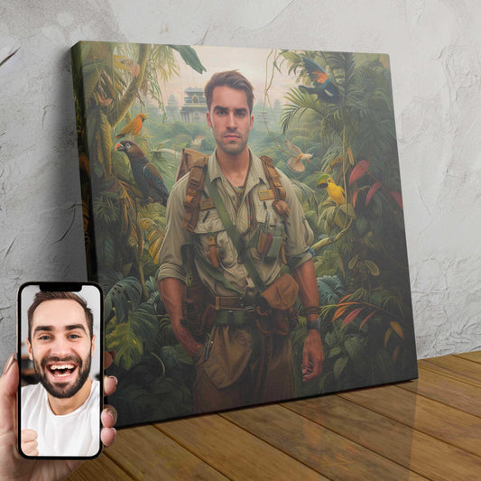 A custom digital portrait of a person transformed into an intrepid explorer, surrounded by a lush, tropical paradise with exotic birds and vibrant foliage.