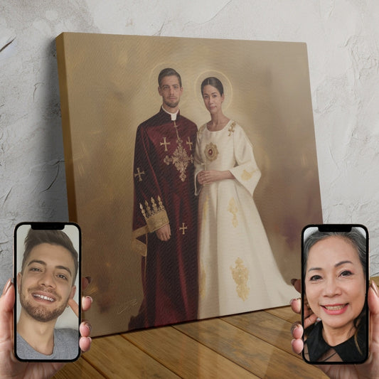 A custom portrait of a royal couple in medieval attire, wearing elegant purple and gold robes and crowns.