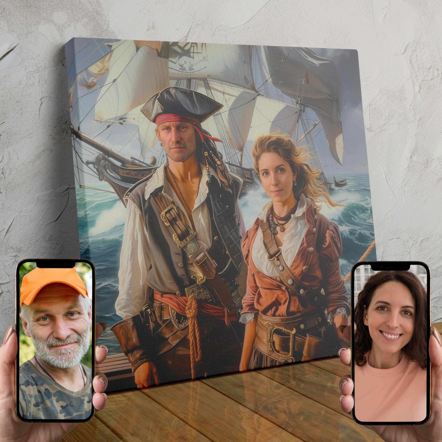 A custom digital portrait of a man and woman dressed as pirates, standing on the deck of a ship with the ocean in the background.