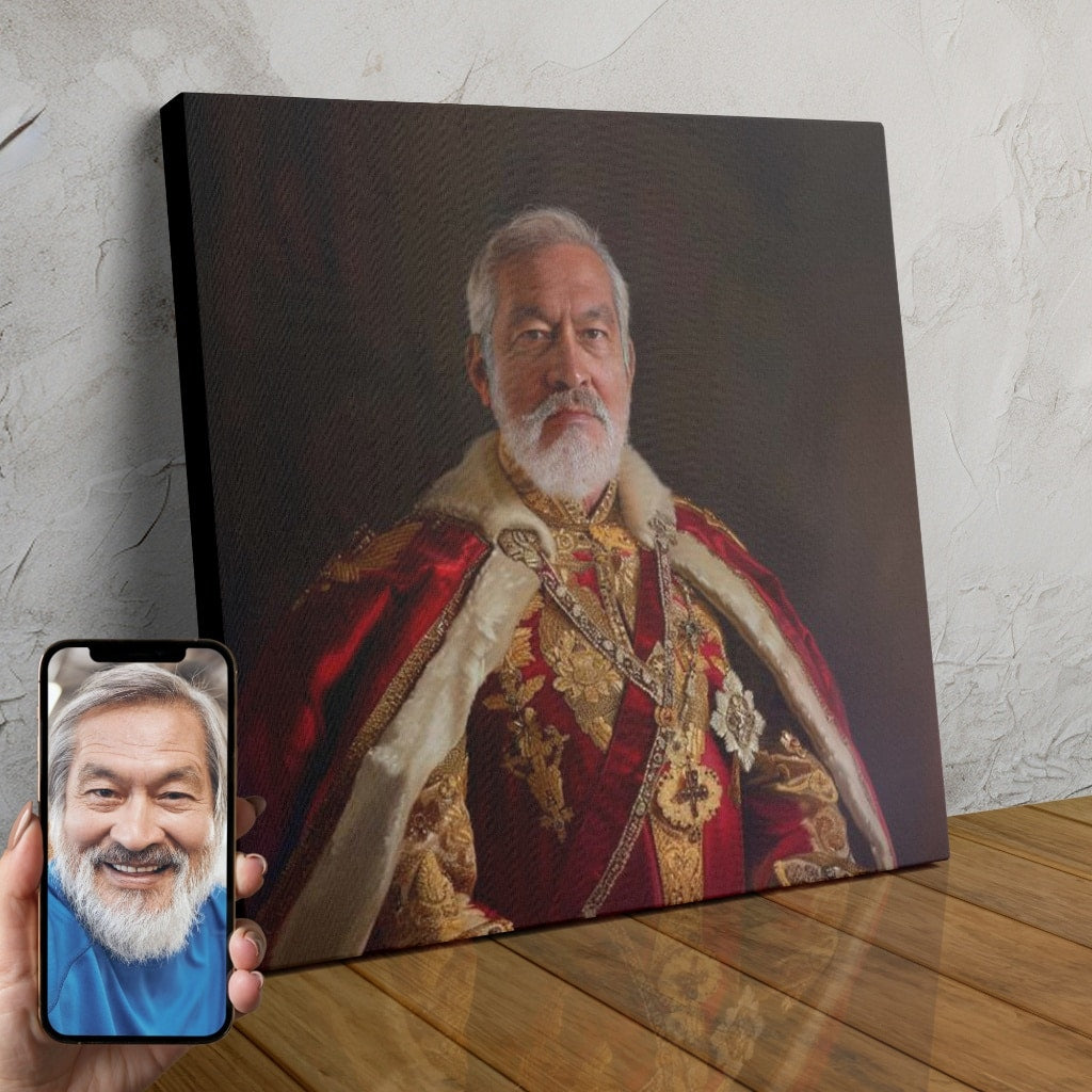 A custom portrait of a man dressed in ornate crimson and gold royal robes, with a thoughtful expression on his face, created using AI technology.