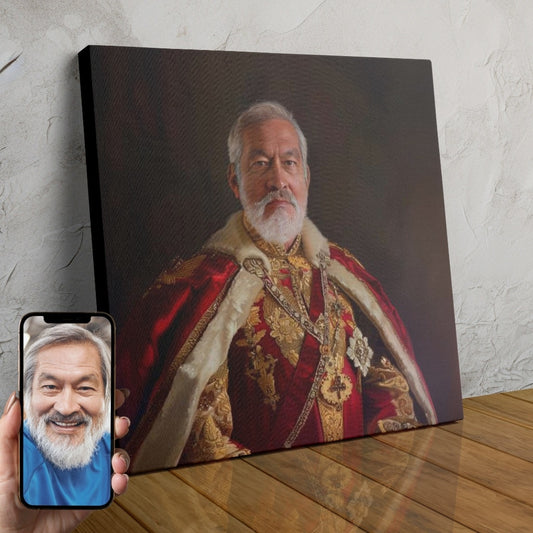 A custom portrait of a man dressed in ornate crimson and gold royal robes, with a thoughtful expression on his face, created using AI technology.