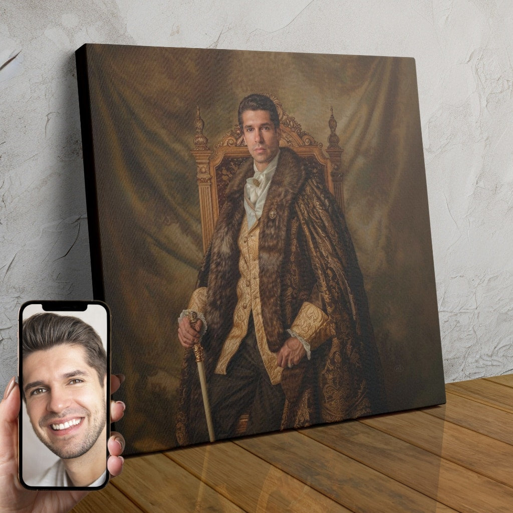 A custom portrait of a regal-looking man in medieval-style clothing, with a crown and ornate details, created using AI technology.