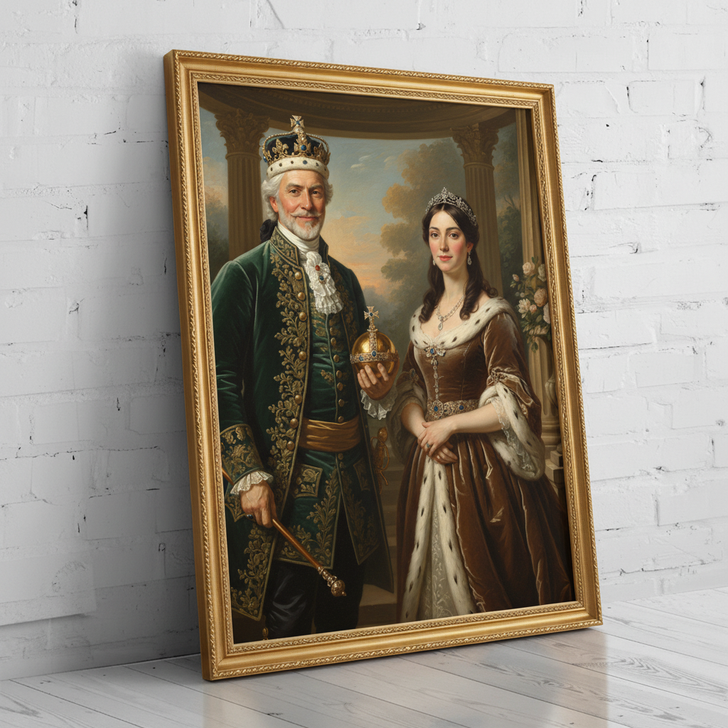 A custom digital portrait of a couple dressed in ornate royal attire, posing as Wise Divine Partnership in a regal, majestic setting.
