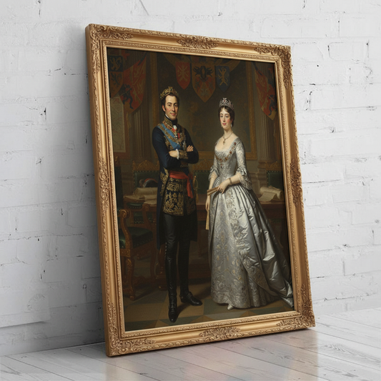 A custom digital portrait of a couple dressed in ornate royal attire, posing as Wise Royal Alliance in a regal, majestic setting.